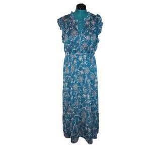 Lucky Brand Floral Print Midi Dress XL Green & Rust Elastic Waist Tie Neck Boho